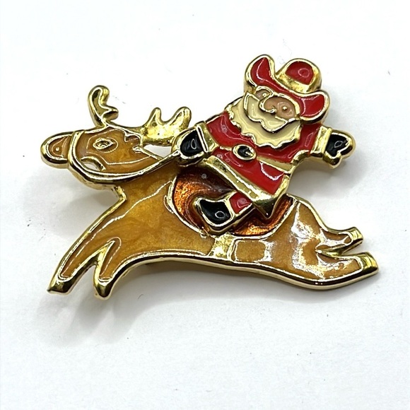 Christmas Cowboy Santa Riding Reindeer Brooch Pin Made in India Edgar Berebi 🎅 - Picture 2 of 4